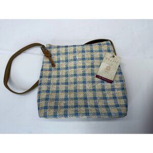 Vintage 90s Blue Seaside Top Zip Fossil Shoulder Bag Plaid Logo Wood Key READ
